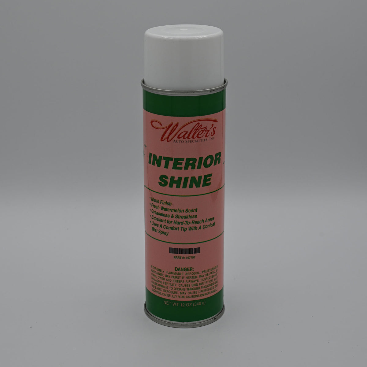 A can of Walter's Interior Shine with a pink label, green top and bottom bands, and a white cap, photographed against a neutral gray background.
