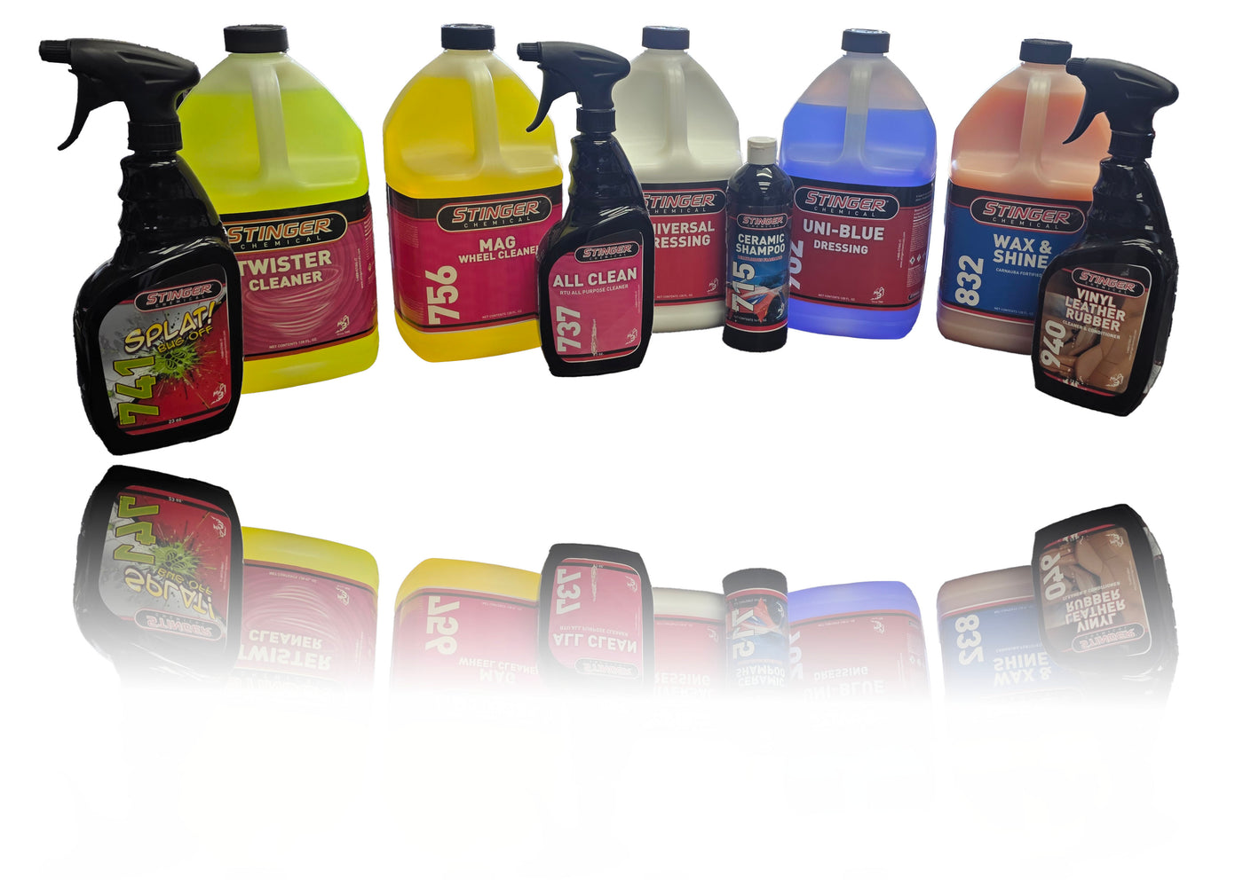 Collection of Stinger cleaning products on a reflective surface