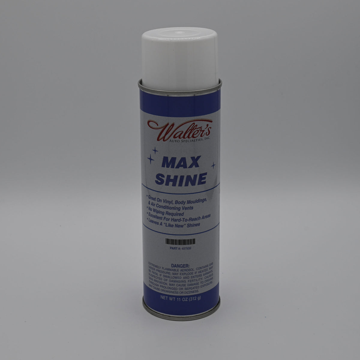 A can of Walter's Max Shine spray on a neutral gray background. The can features a white plastic cap, a blue and silver label with the brand name 'Walter's' in red script, and the product name 'MAX SHINE' in bold blue letters.