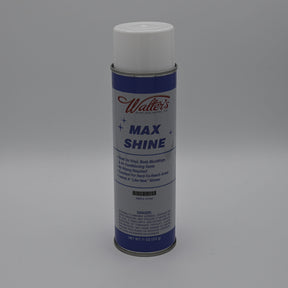 A can of Walter's Max Shine spray on a neutral gray background. The can features a white plastic cap, a blue and silver label with the brand name 'Walter's' in red script, and the product name 'MAX SHINE' in bold blue letters.
