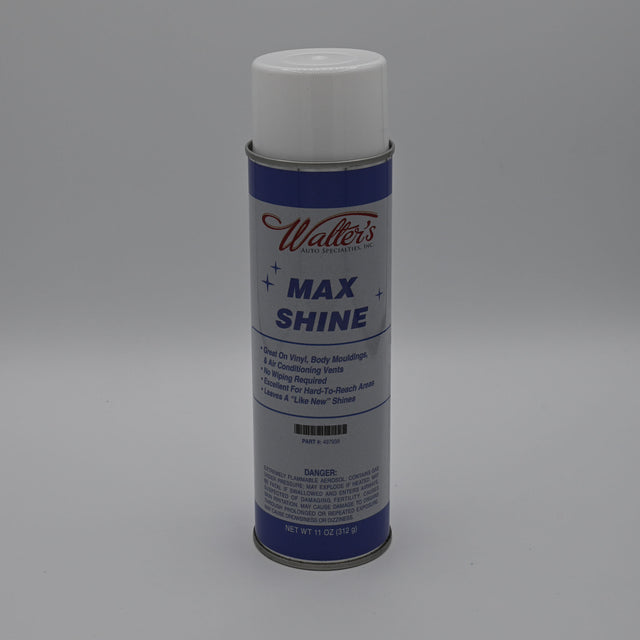 A can of Walter's Max Shine spray on a neutral gray background. The can features a white plastic cap, a blue and silver label with the brand name 'Walter's' in red script, and the product name 'MAX SHINE' in bold blue letters.